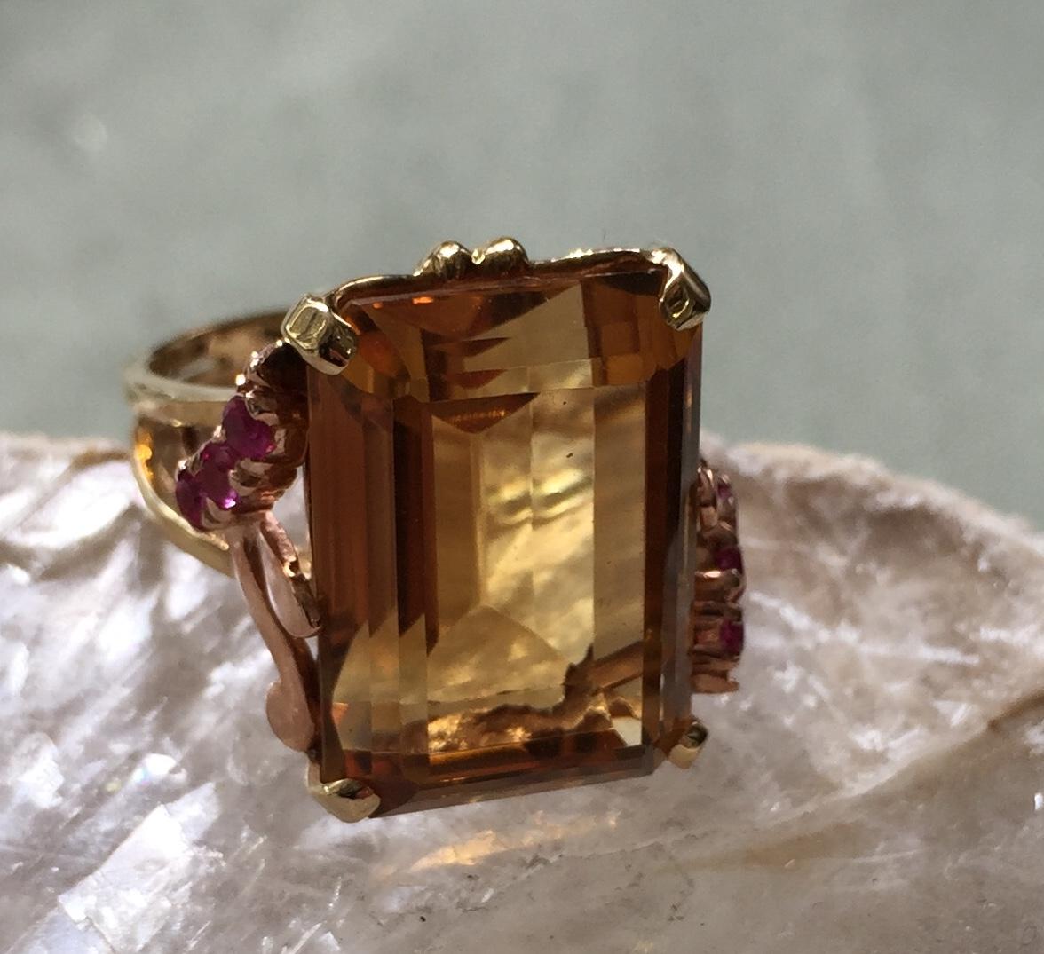Estate 14 Kt Ring Lovely Emerald Cut Citrine Rubies at sides