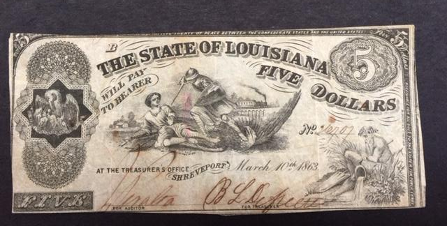 $5  1863 Shreveport, State of Louisiana South strikes down union
